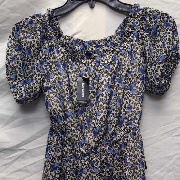 NWT Express Cottage Core Floral Blue and White Women's Dress - Picture 6 of 9